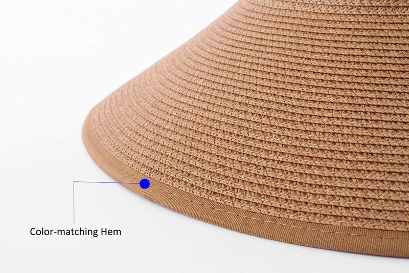 FENELY Women's Sun Visors Foldable Straw Hats Summer Beach Packable Hat Floppy Wide Brim Cap Cute Bowtie Big Heads (Khaki+Beige) - Image 5